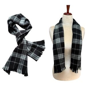 Classic Black Gray Wool Blend Plaid Scarf 50” x 12”